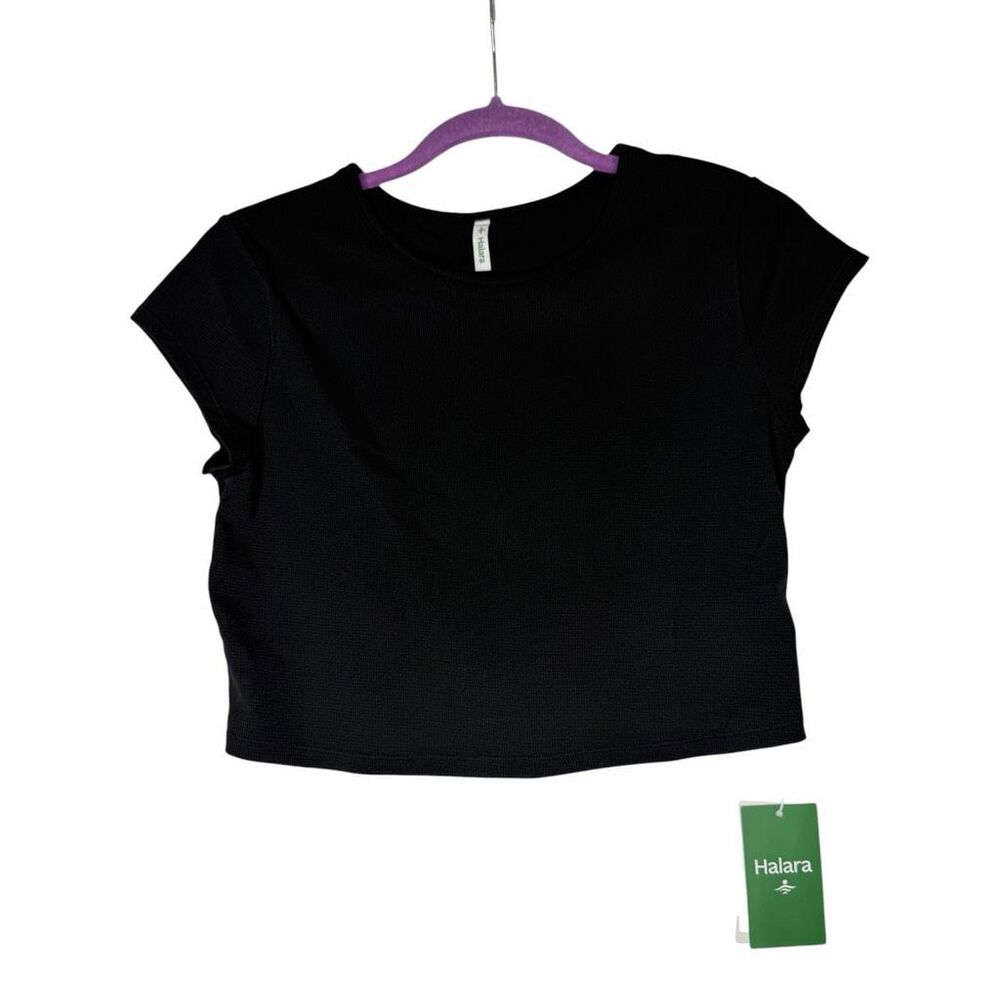 NEW Halara Waffle Knit Cropped Short Sleeve Tee Black Medium Textured Stretch To